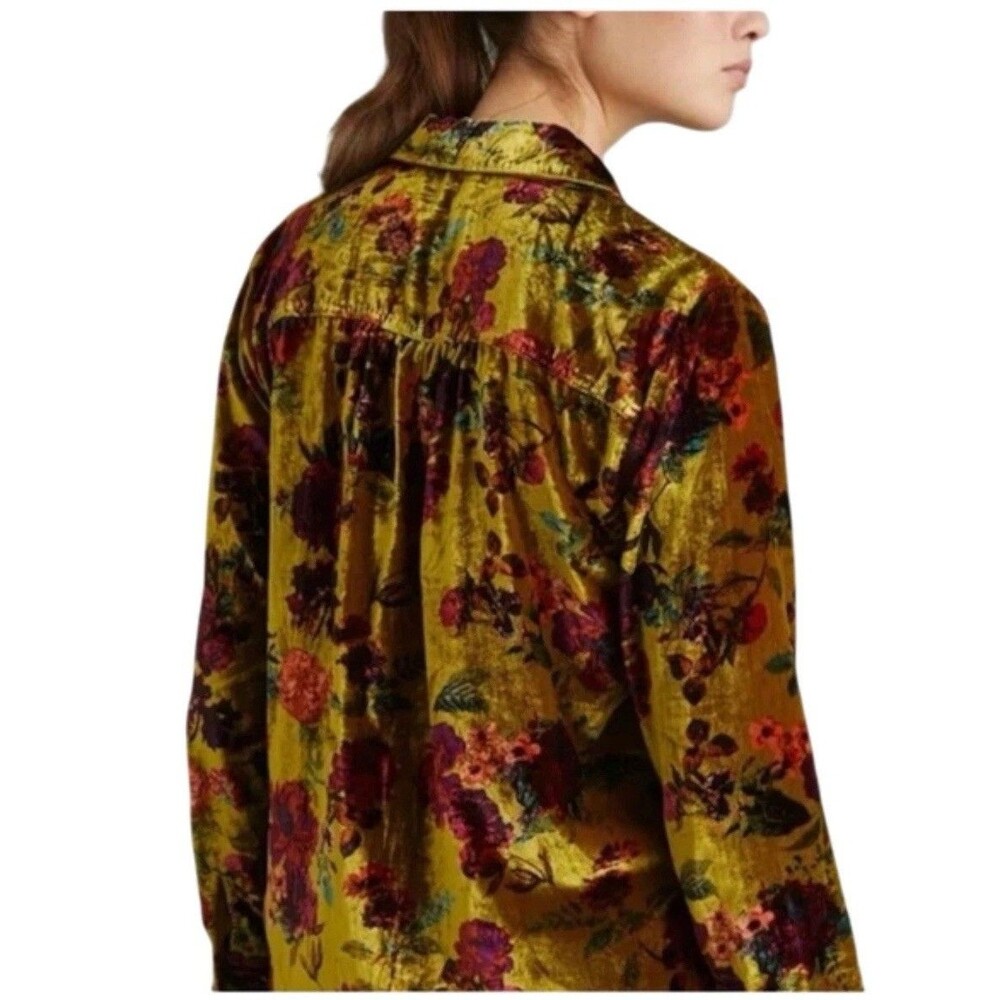 Anthropologie Pilcro Hadley Relaxed Velvet Burnout Shirt Small Mustard Festival - Picture 2 of 9